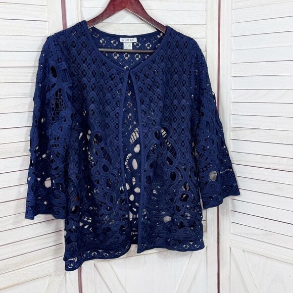 Adore Open Eyelet Lace Topper Cardigan Jacket Navy Blue Medium - Picture 7 of 11
